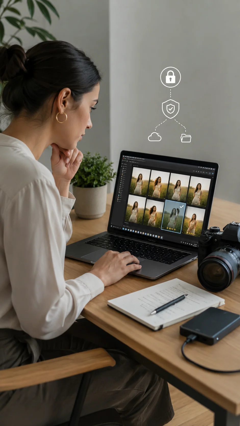 Professional running a privacy checklist on a laptop before choosing an AI headshot provider