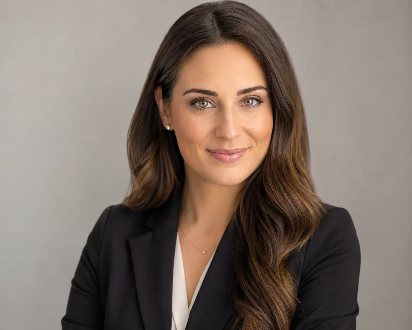 Polished AI-generated professional headshot of a woman on a clean neutral studio background