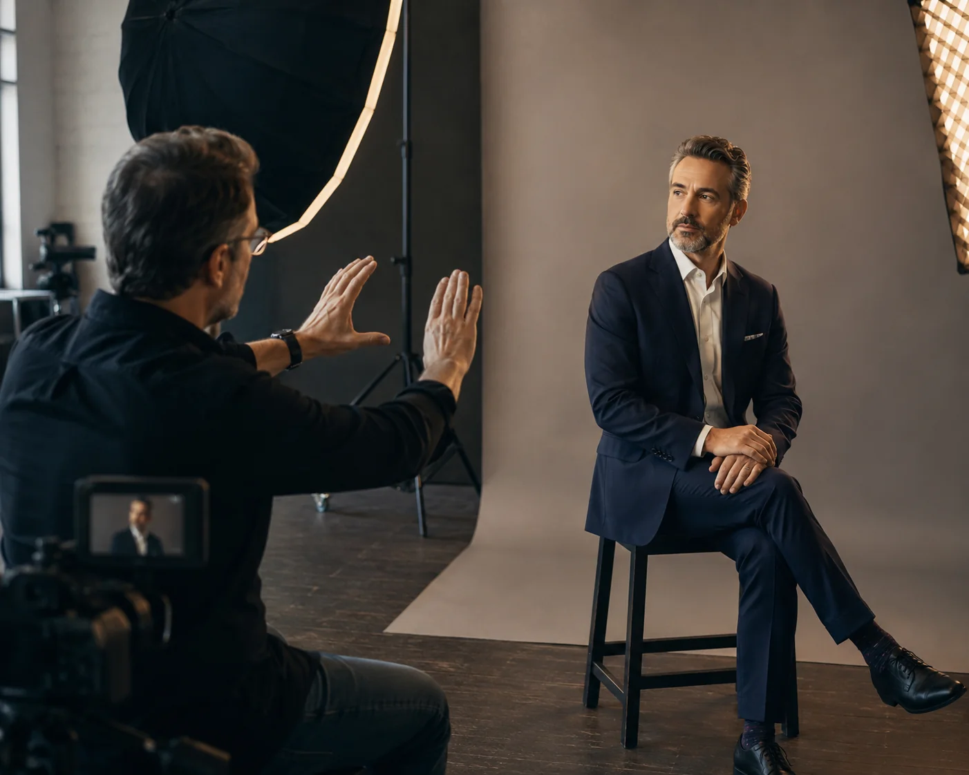 Professional photographer directing a seated client in a studio with controlled lighting equipment