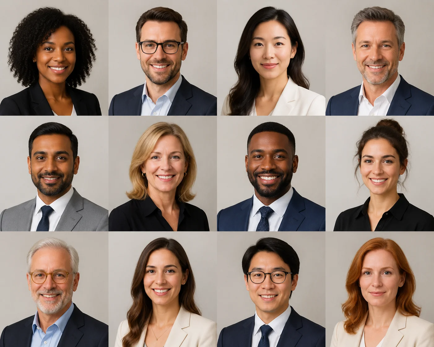 Grid of consistent business profile photos for different professionals showing matching neutral backgrounds and even lighting