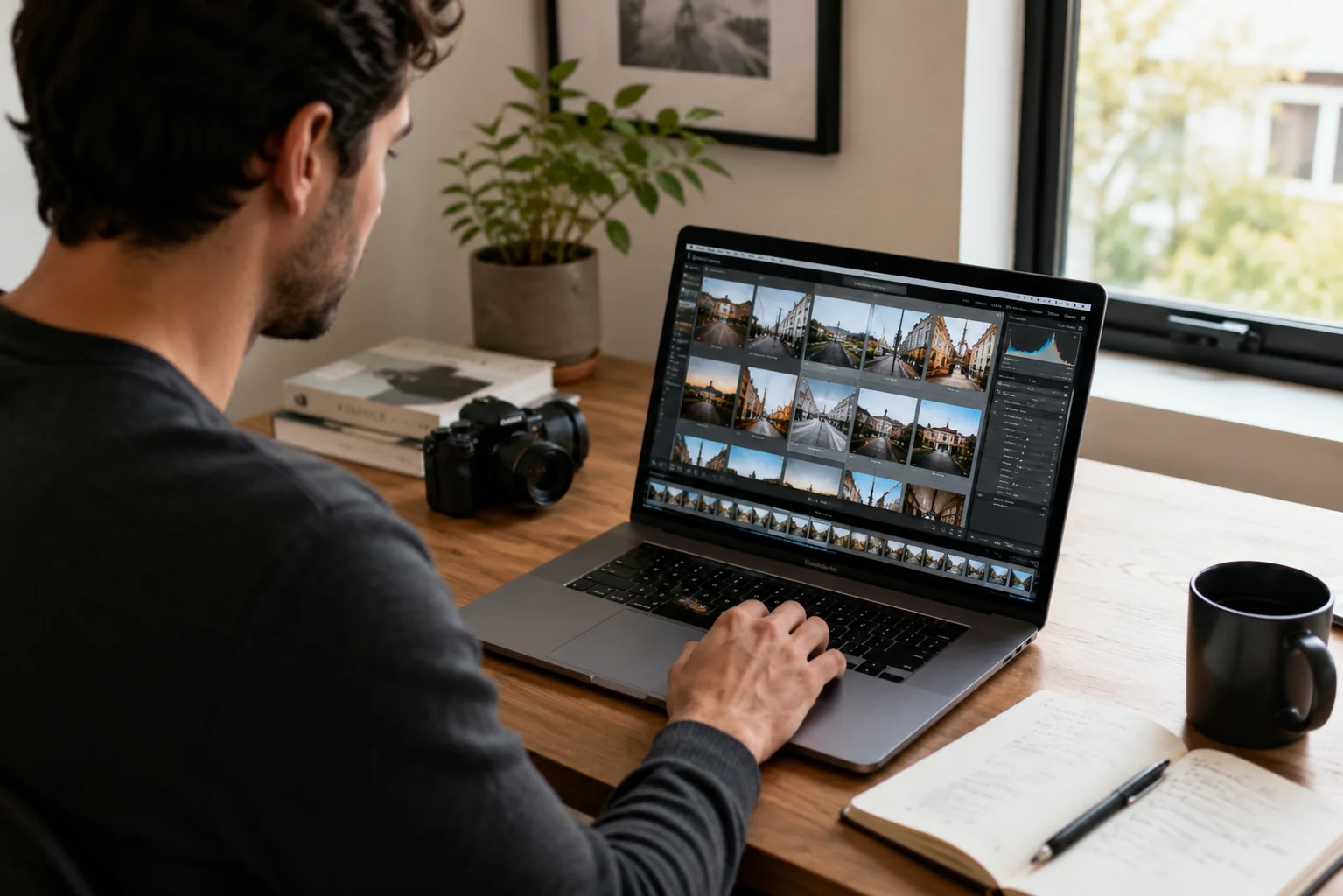 Person selecting clear source photos on a laptop to prepare for an AI business headshot generation workflow