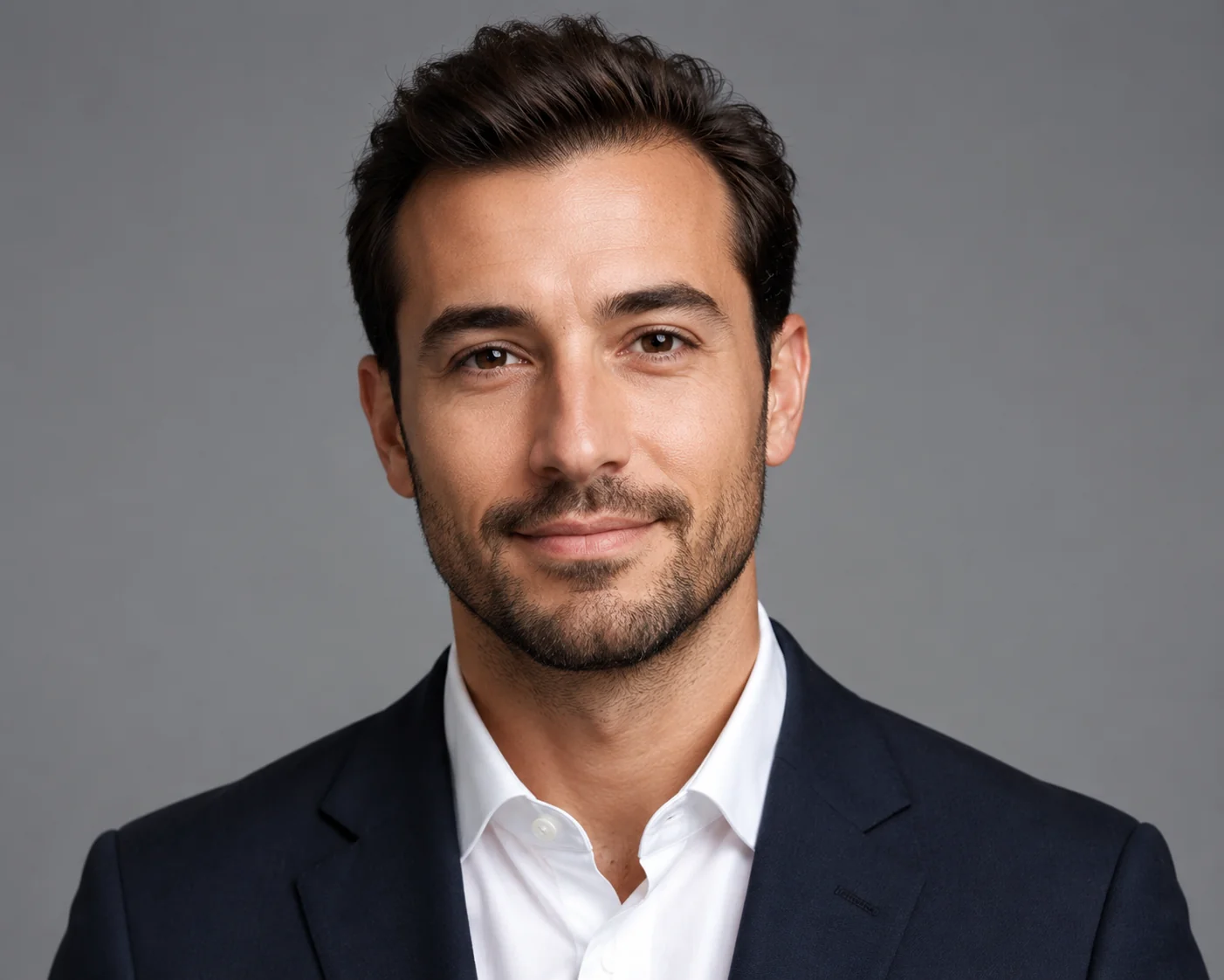 Example employee headshot with clean head-and-shoulders crop and neutral gray background for a company team page