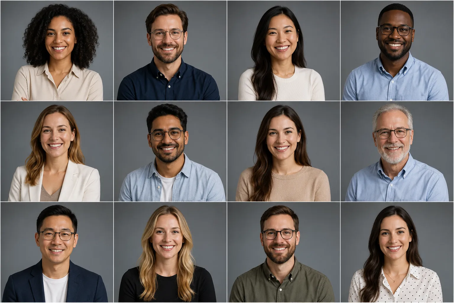 Uniform grid of employee website headshots with matching backgrounds and smart casual attire across the company team