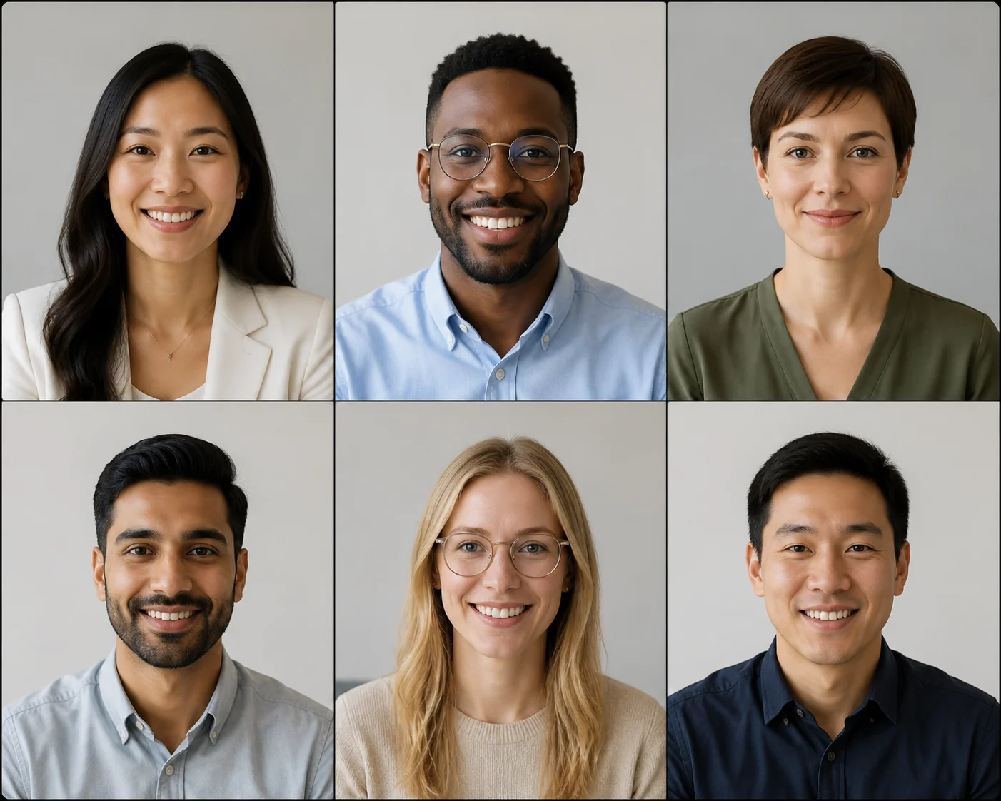 Distributed team members with matching professional corporate headshots produced without a studio photoshoot