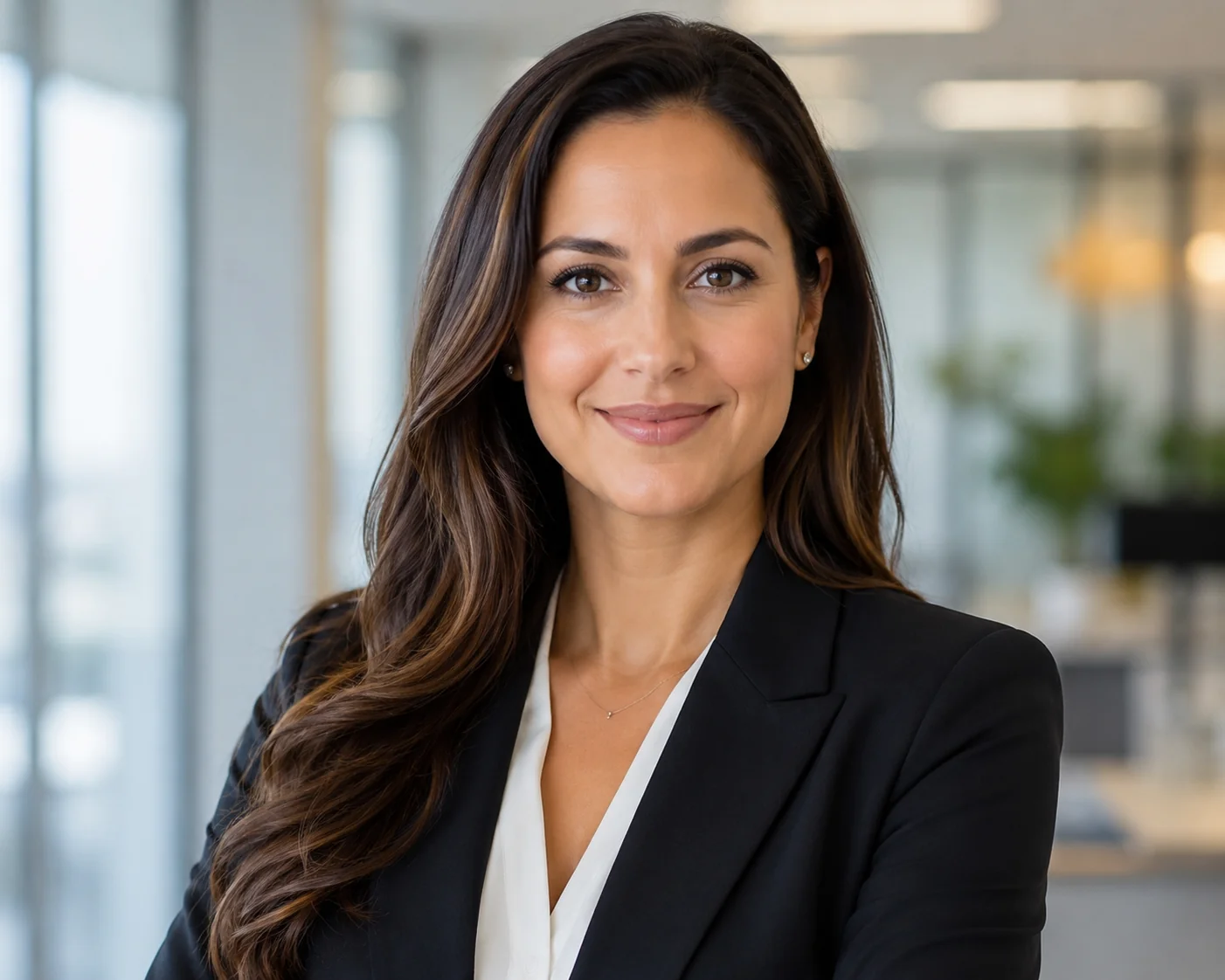 Professional corporate headshot of a businesswoman with a soft blurred office background and confident expression