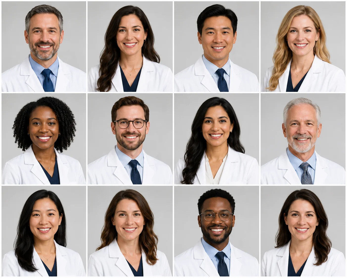 Grid of consistent clinic team headshots in white coats with matching neutral backgrounds for a medical directory