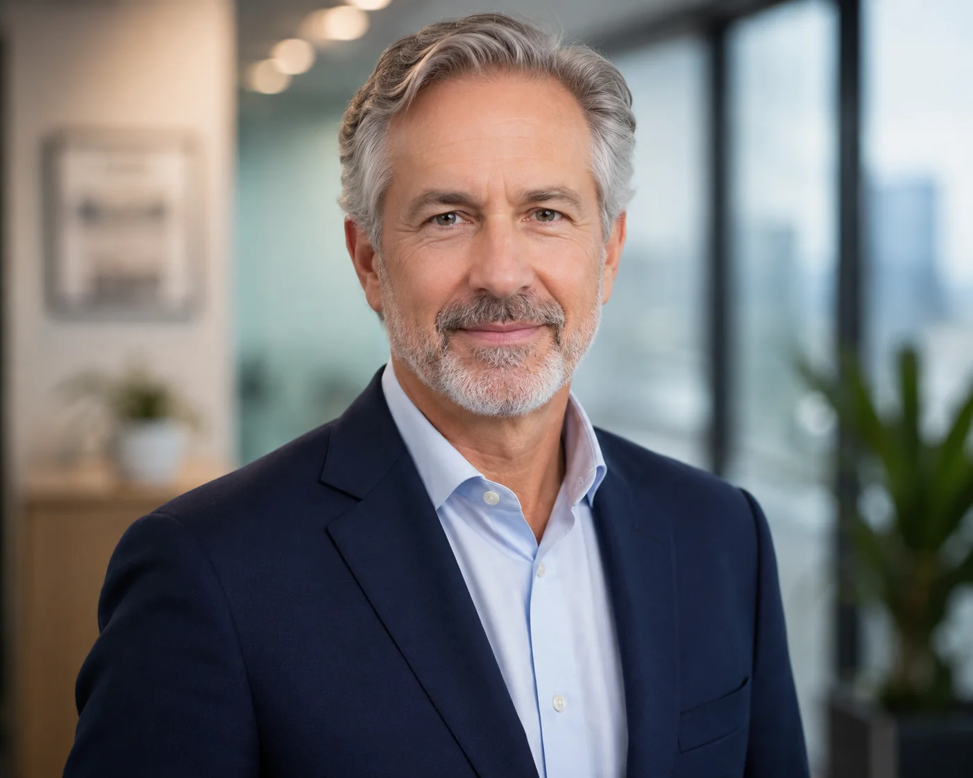 Senior executive in a navy suit with a relaxed engaged expression and softly blurred office background