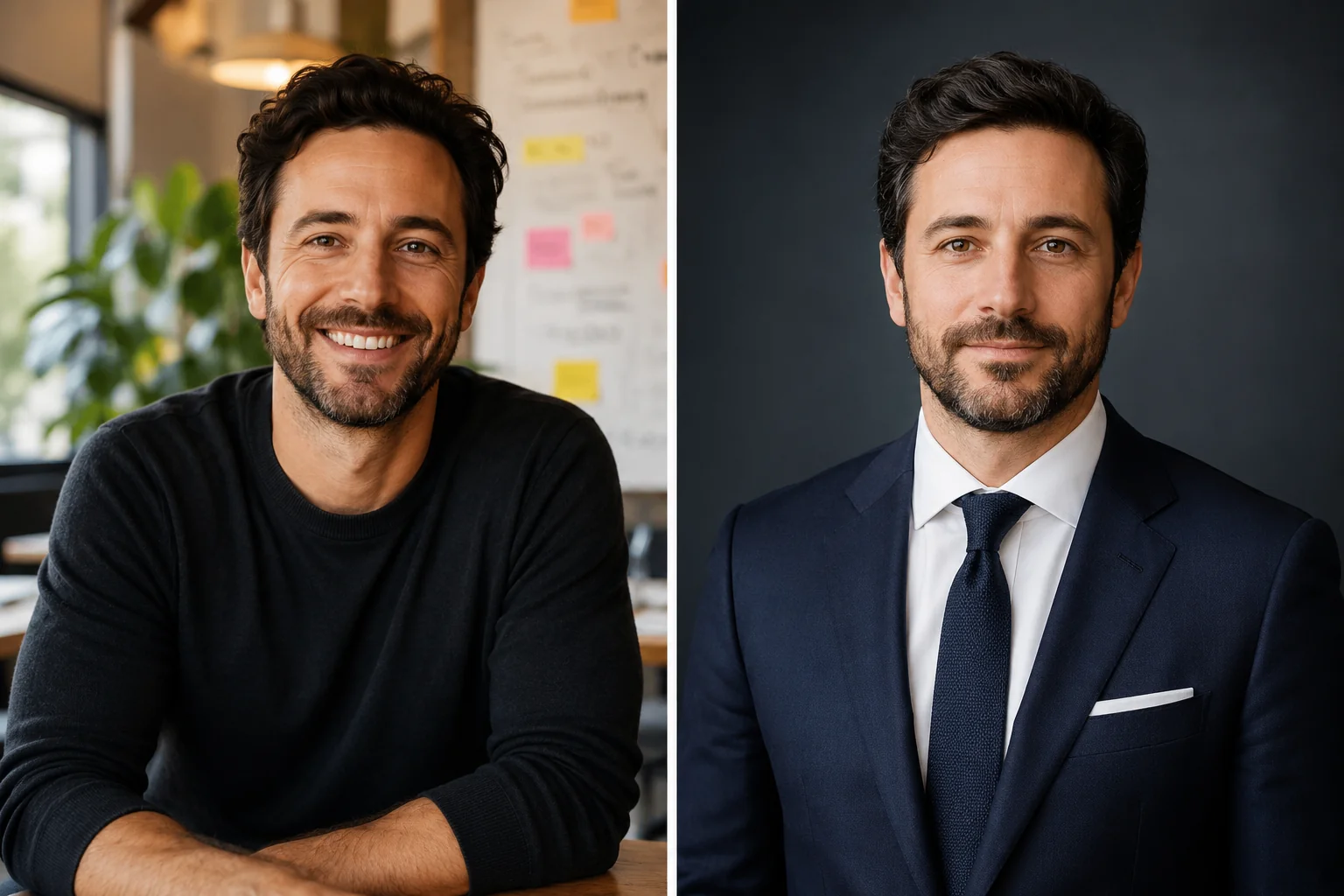 Side-by-side comparison of a relaxed founder headshot style and a polished corporate executive portrait