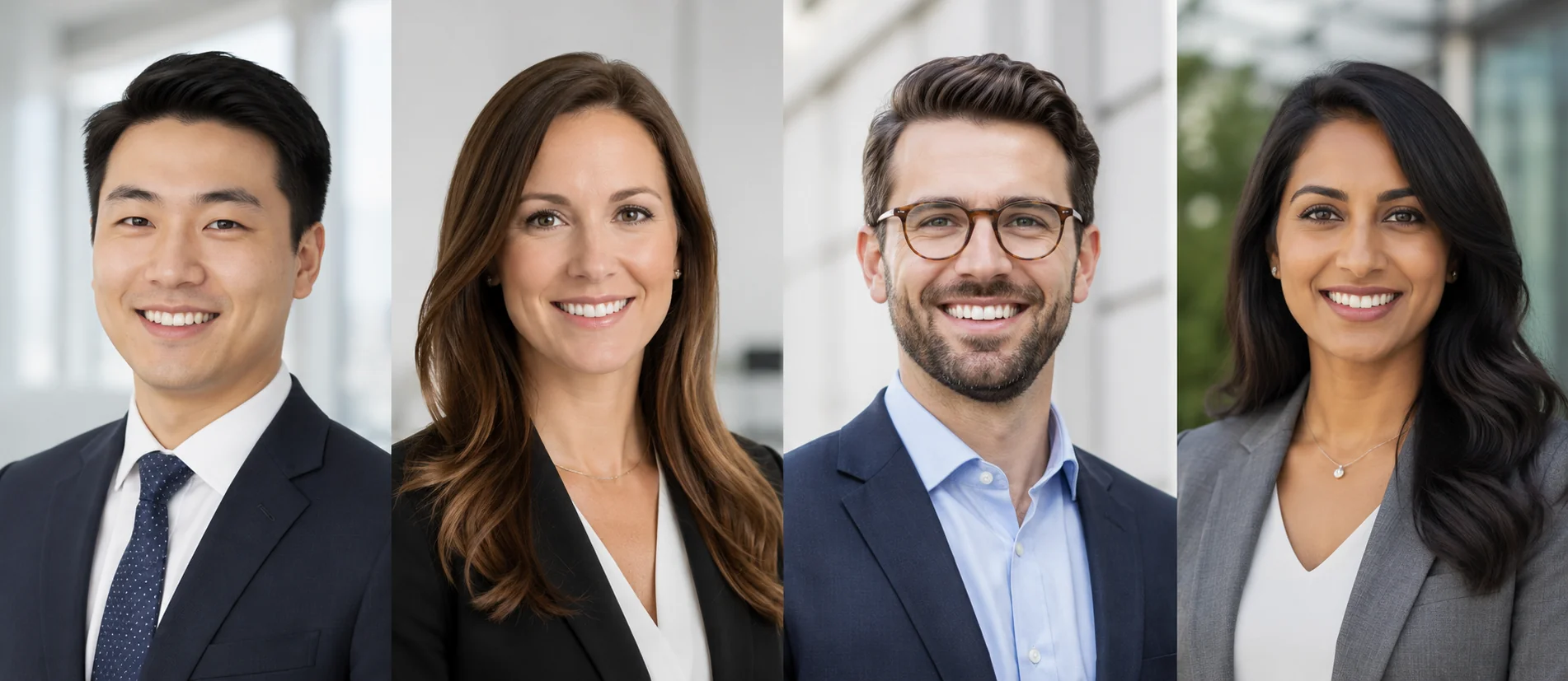 Comparison of four professional headshots using white, gray, office, and outdoor backgrounds with consistent clean lighting