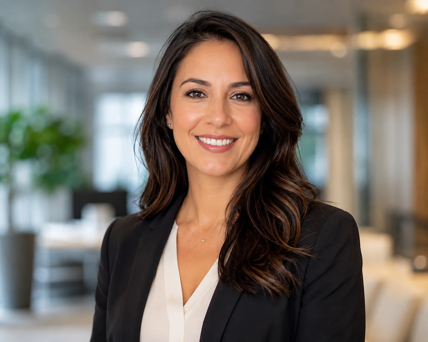 Professional woman with a blurred modern office headshot background and a warm, approachable expression in clean composition