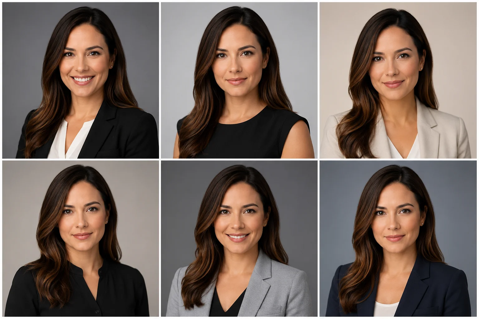Grid of polished AI professional headshots of one person after quality checks with neutral backgrounds