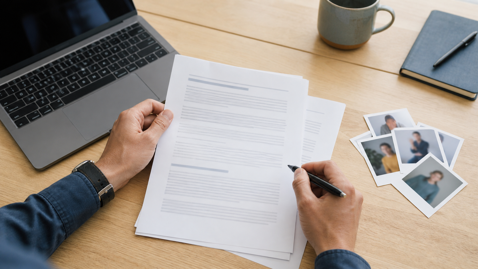 A person reviews policy documents beside generic portrait photos