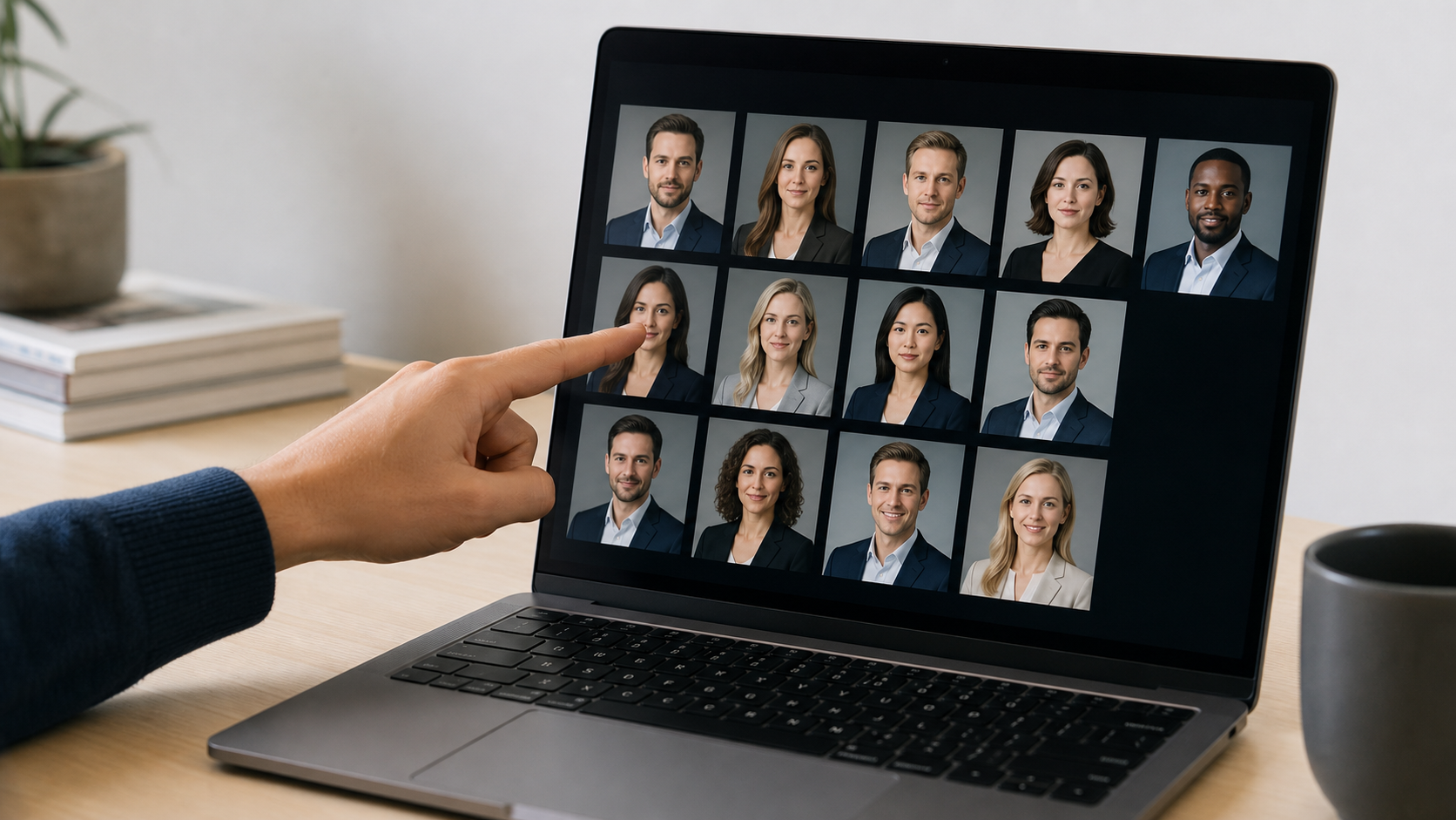 A person compares a grid of professional headshot candidates on a laptop