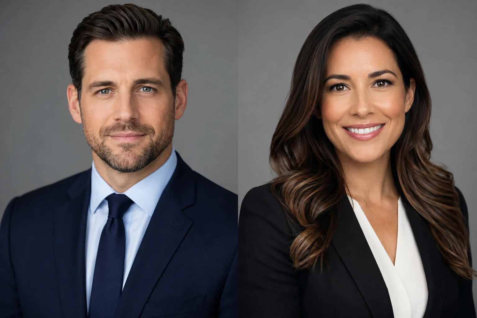 Two polished business headshots with neutral backgrounds illustrating consistent professional lighting and framing