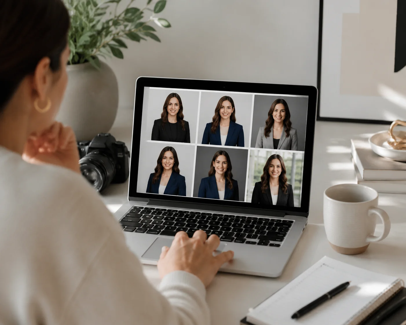 Professional reviewing multiple headshot options at a clean modern desk to choose the best fit for work profiles