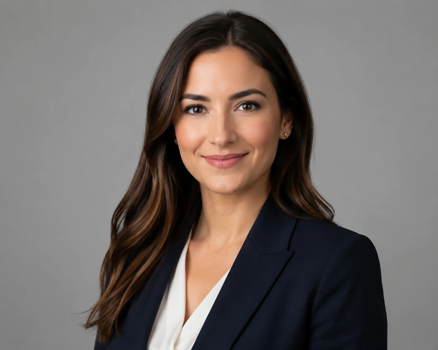 Female attorney in a navy blazer with a soft gray background showing a calm, approachable professional smile