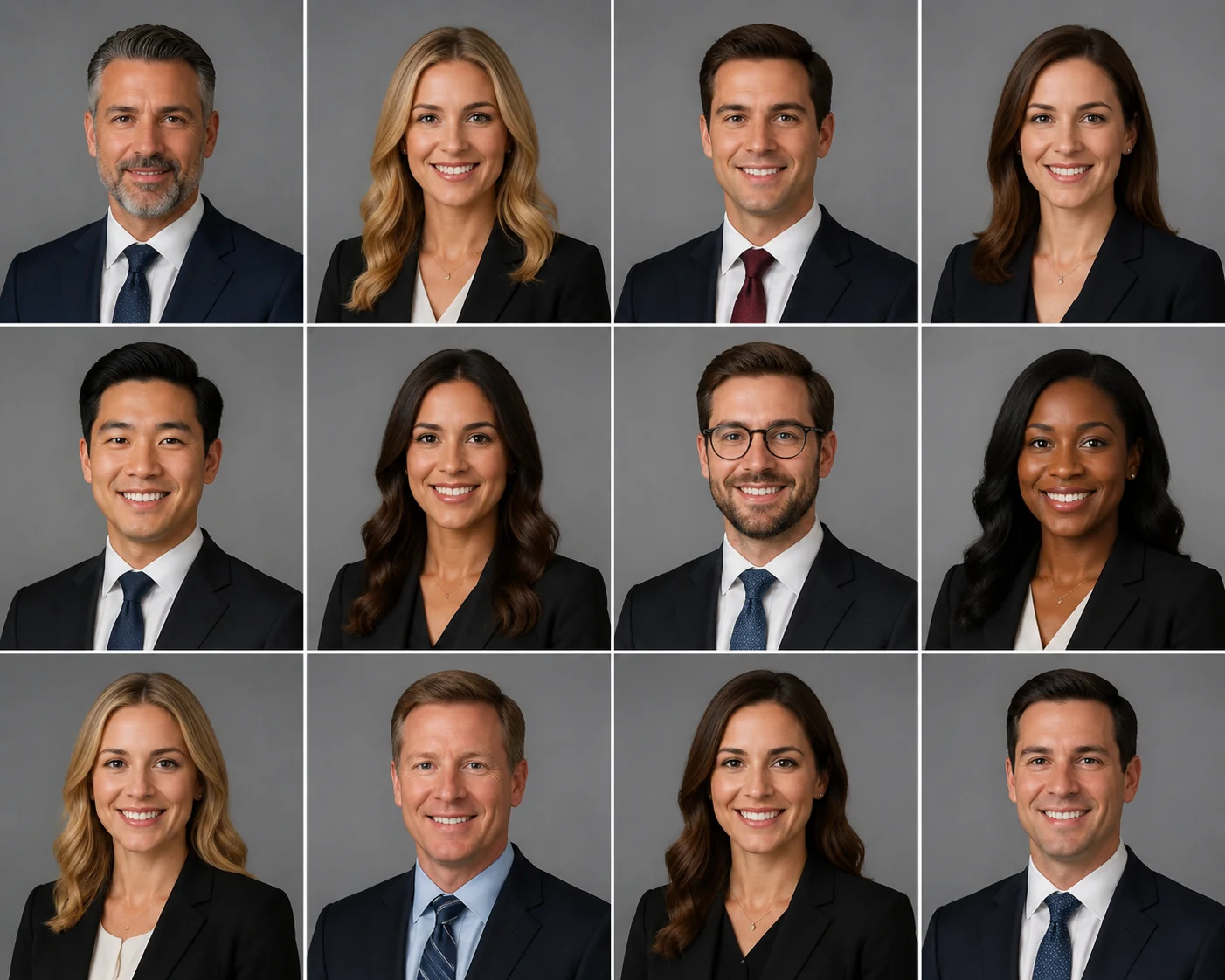 Grid of consistent law firm attorney headshots with matching neutral backgrounds and uniform lighting