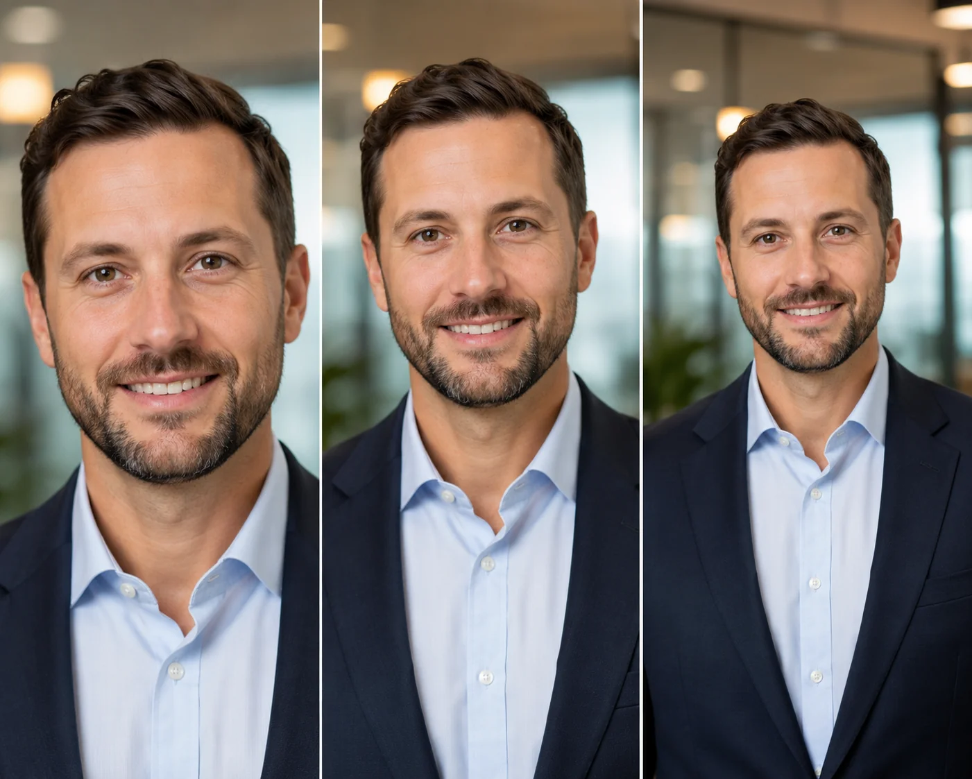 Side-by-side LinkedIn headshot crop comparison of a professional man showing balanced head-and-shoulders framing against a soft office background
