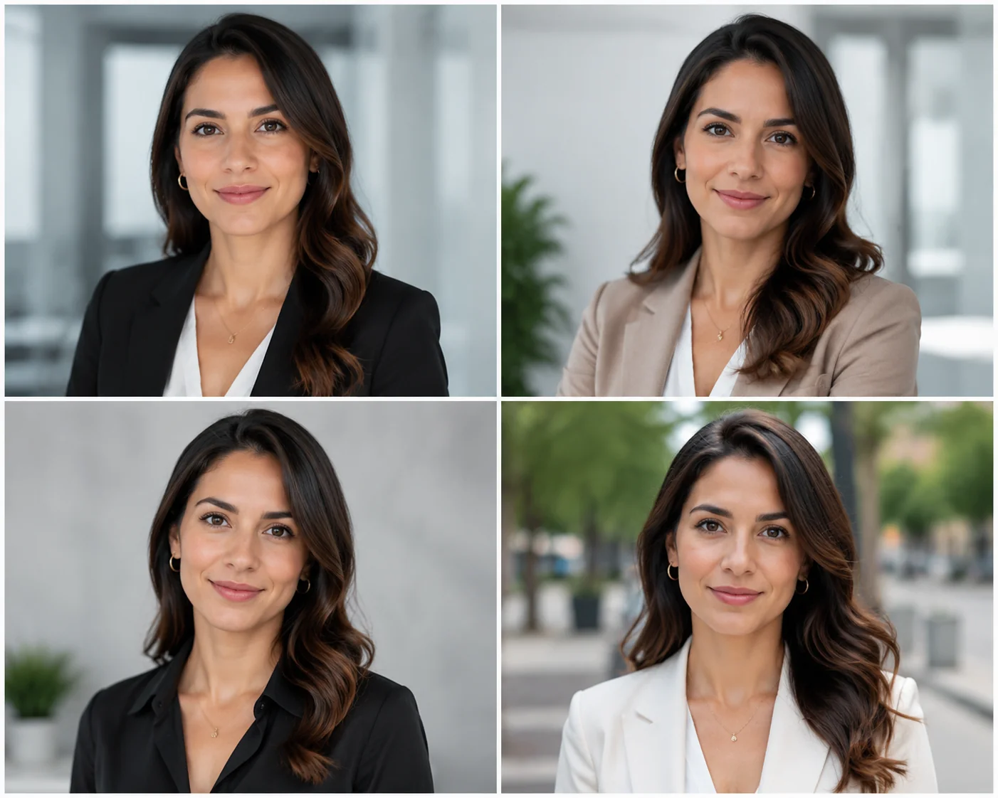Comparison of four professional headshots showing white, gray, office, and outdoor LinkedIn background options