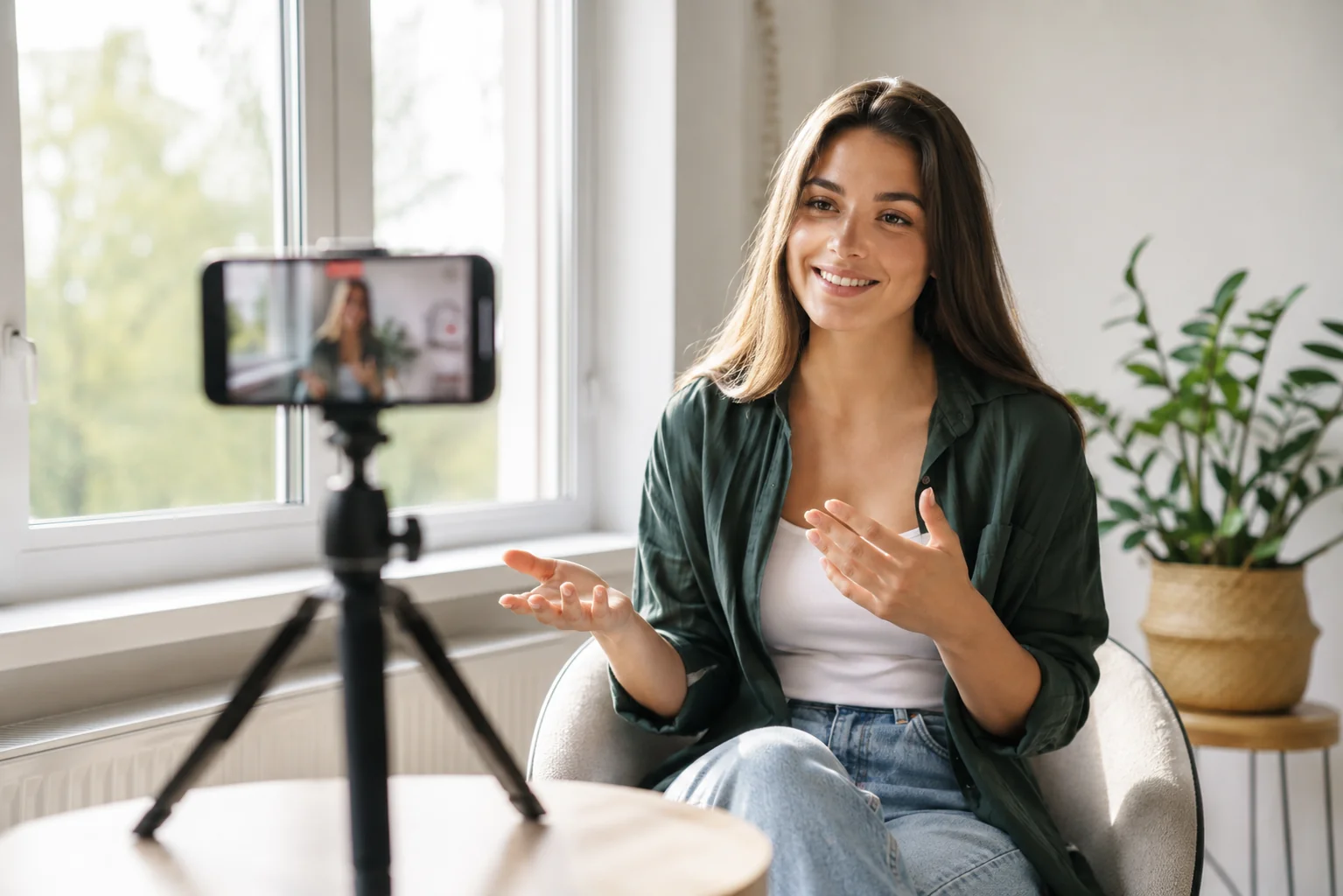 Smartphone on a tripod facing a person by a bright window for a home headshot lighting setup