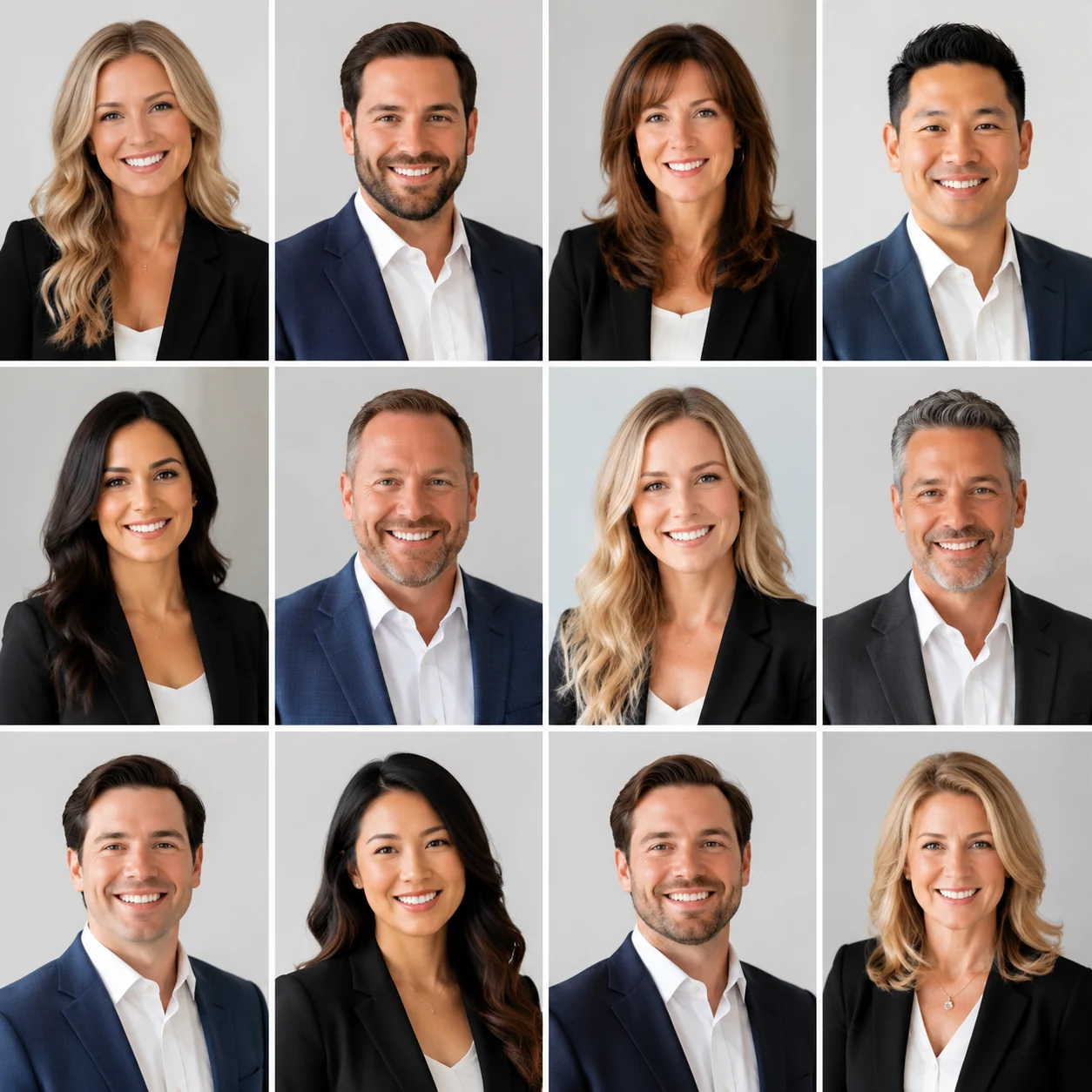 Grid of consistent real estate agent headshots shown with clean backgrounds for Zillow and MLS profile listings