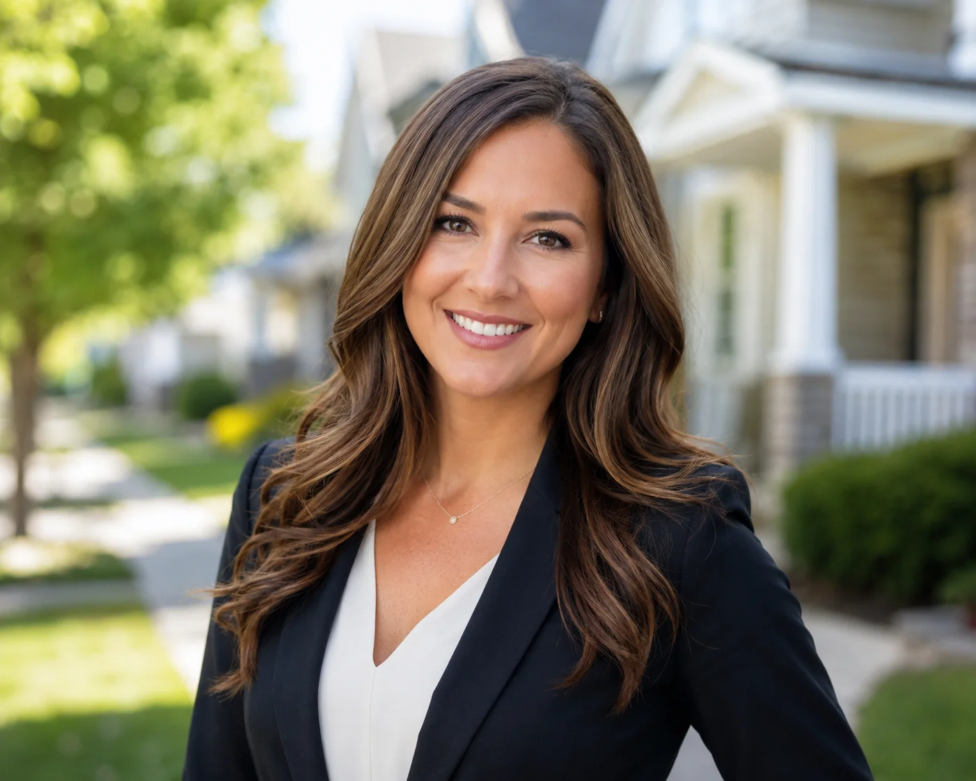 Realtor headshot taken against a softly blurred neighborhood background with a friendly, professional smile