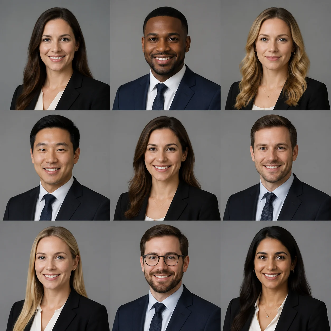Grid of consistent employee headshots showing matching crop, lighting, and neutral background across a team