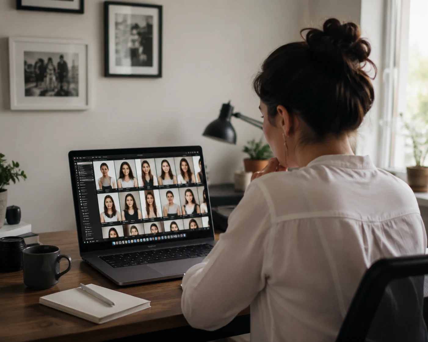 Remote employee reviewing clear source portrait photos on a laptop before submitting them for team headshots