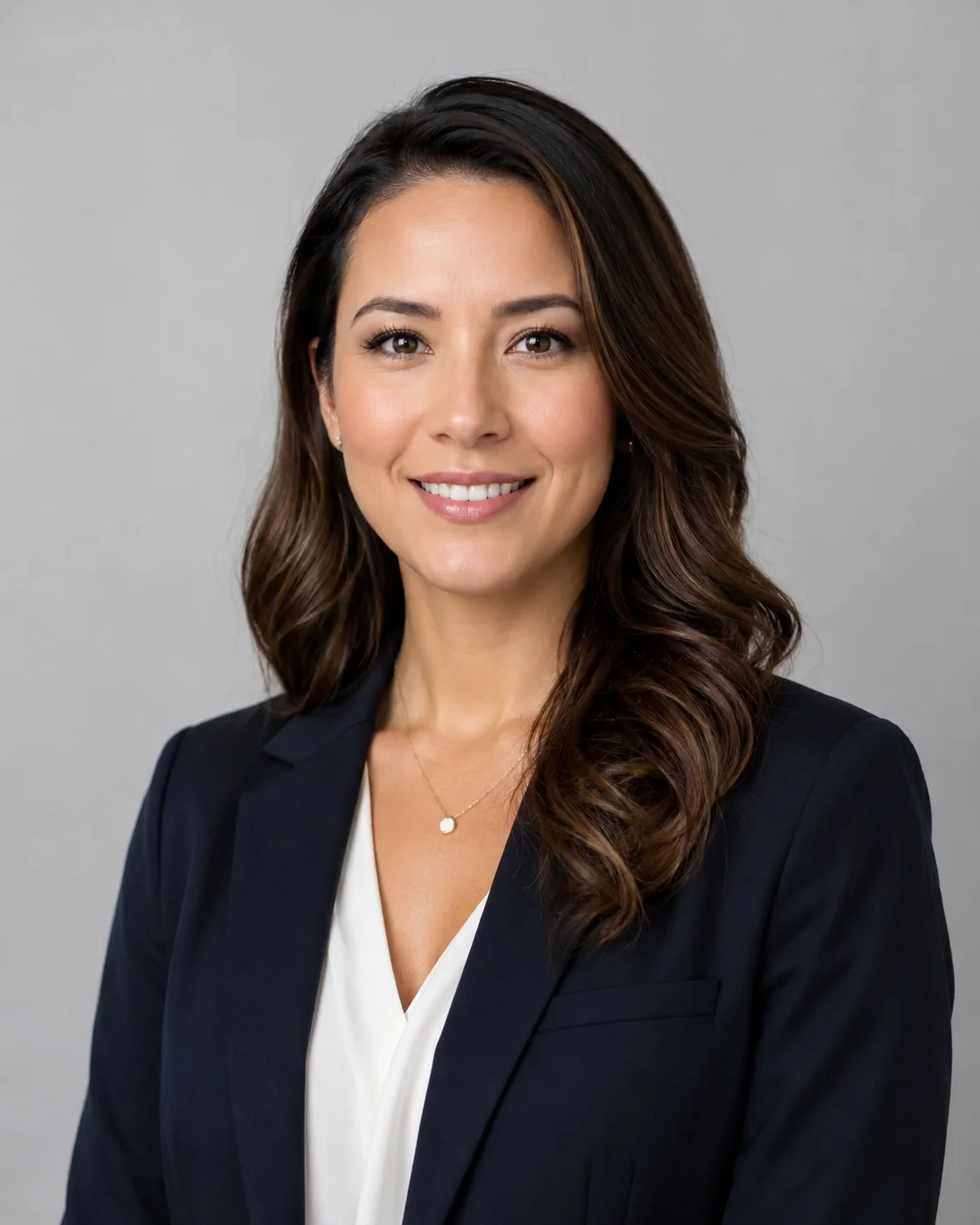 Professional woman in a blazer with a natural smile against a light gray studio background for a CV photo