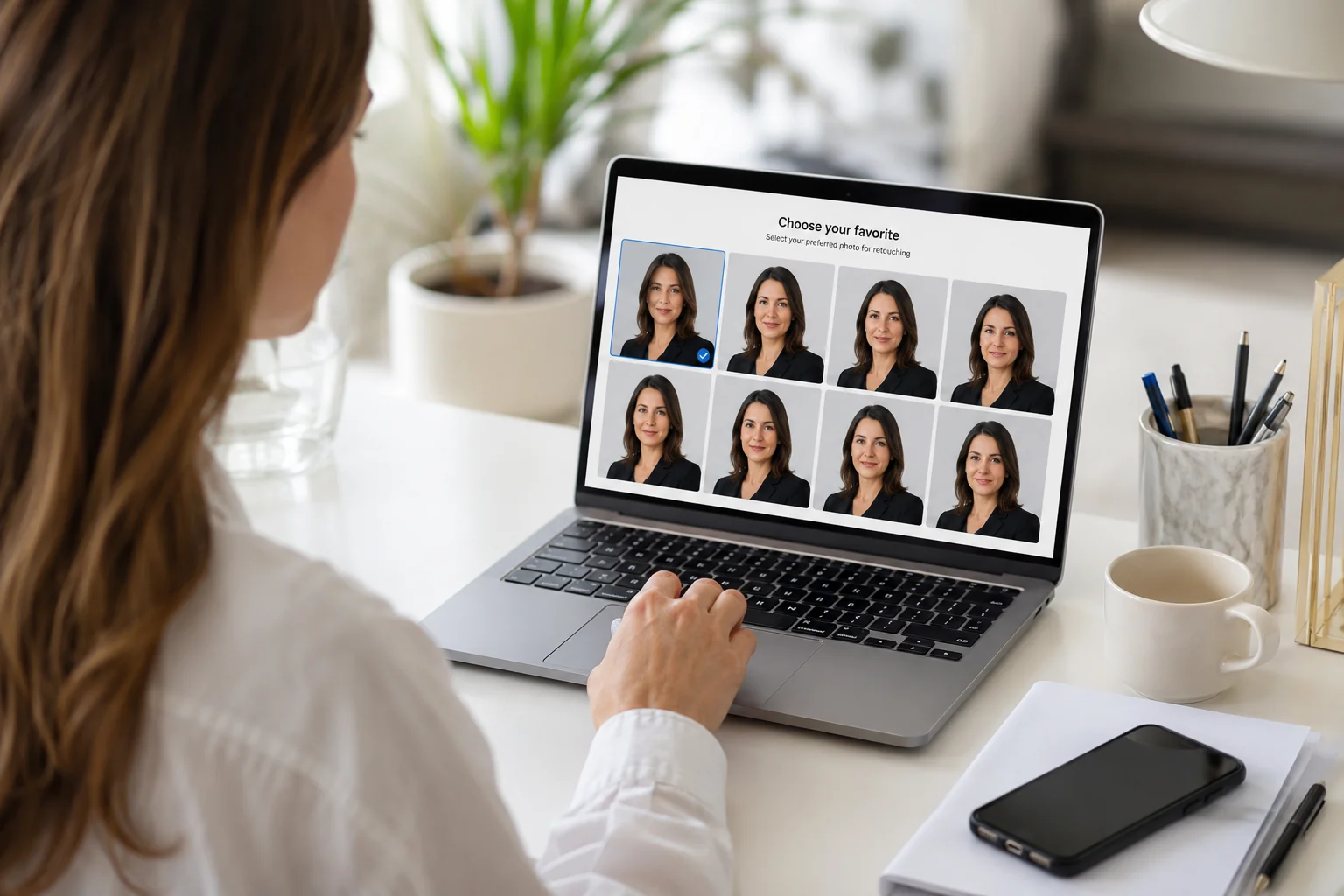 Job seeker reviewing professional headshot options on a laptop while preparing resume materials at a clean desk