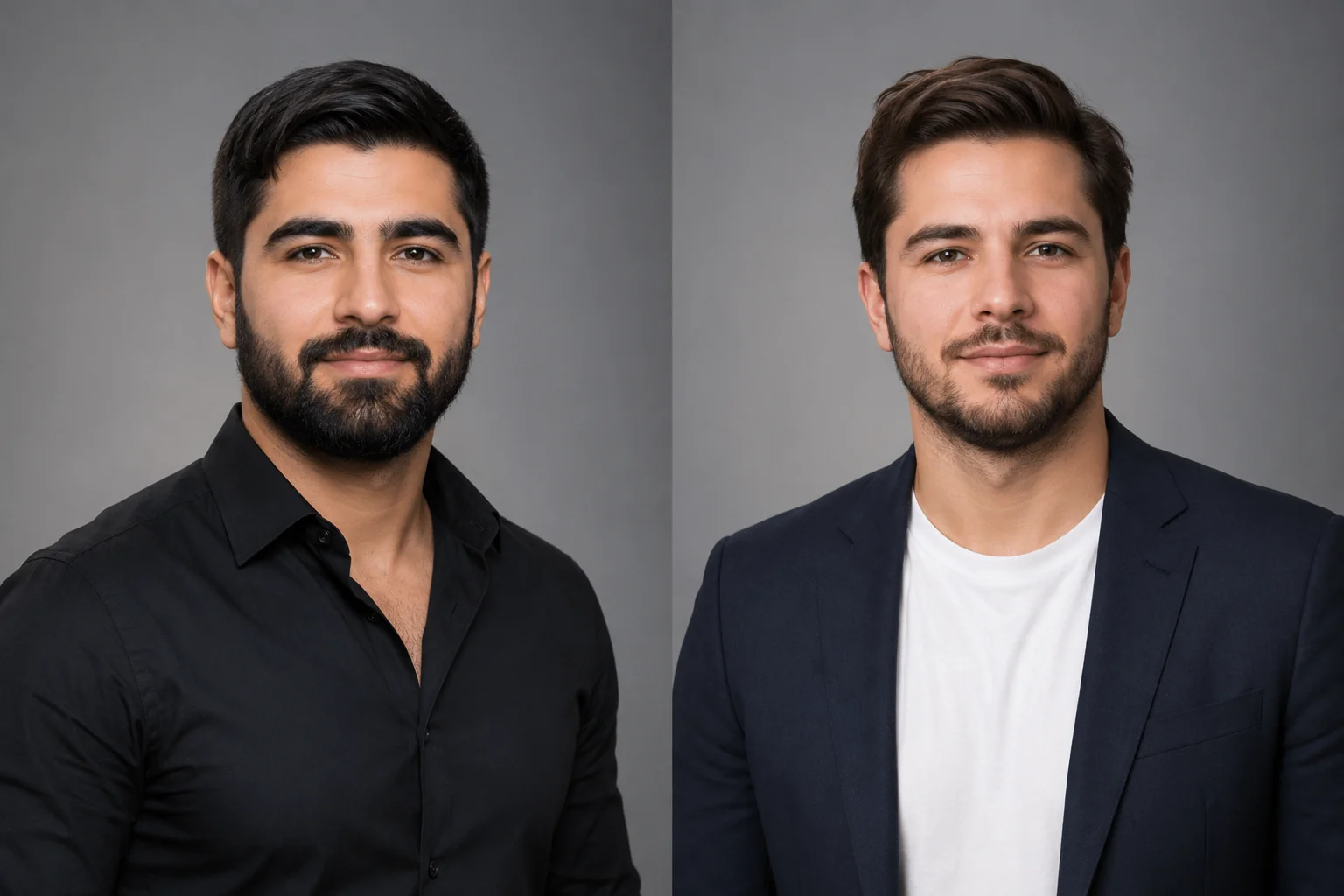 Two startup co-founders with matching neutral backgrounds and consistent lighting showing a coordinated team headshot style