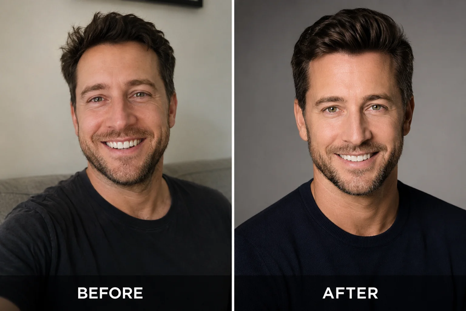 Before and after comparison of a founder headshot moving from a casual snapshot to a polished professional portrait