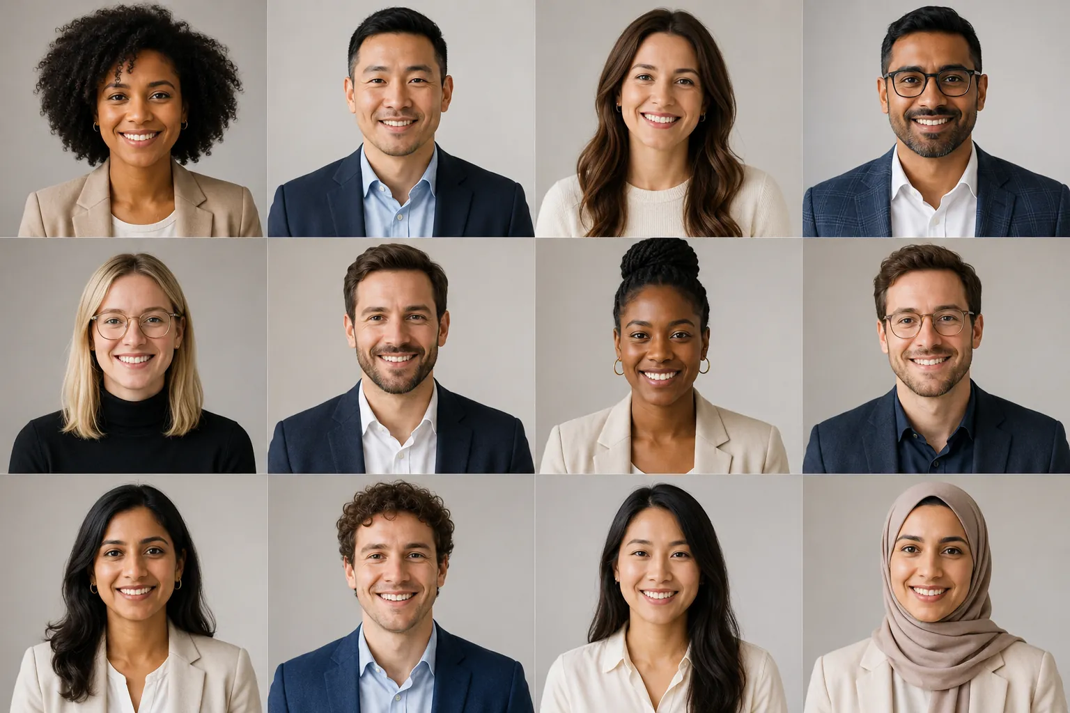 Grid of coordinated team business headshots with a shared palette and consistent neutral backgrounds