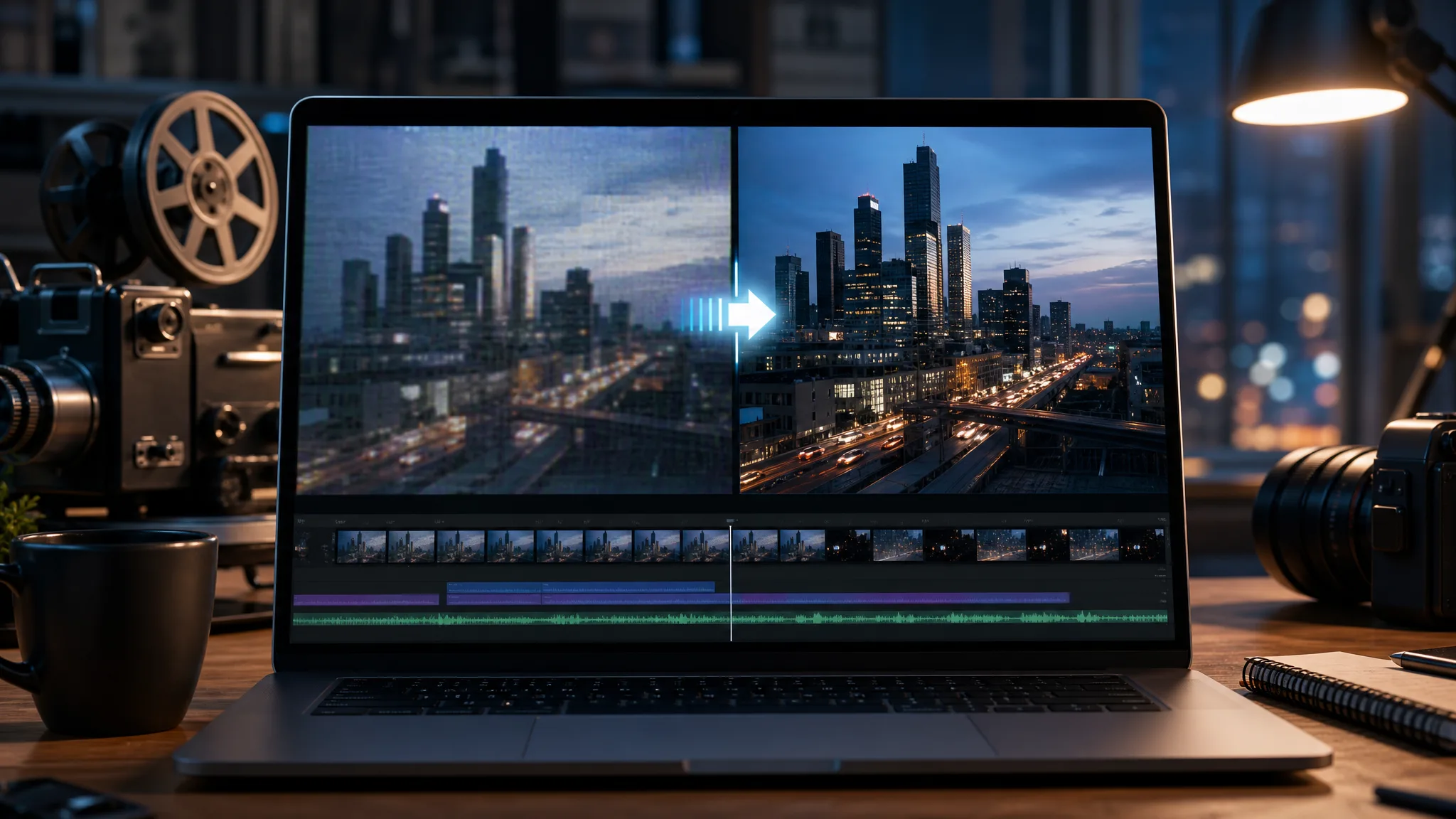 AI video upscaler comparing low-resolution footage with a sharper version