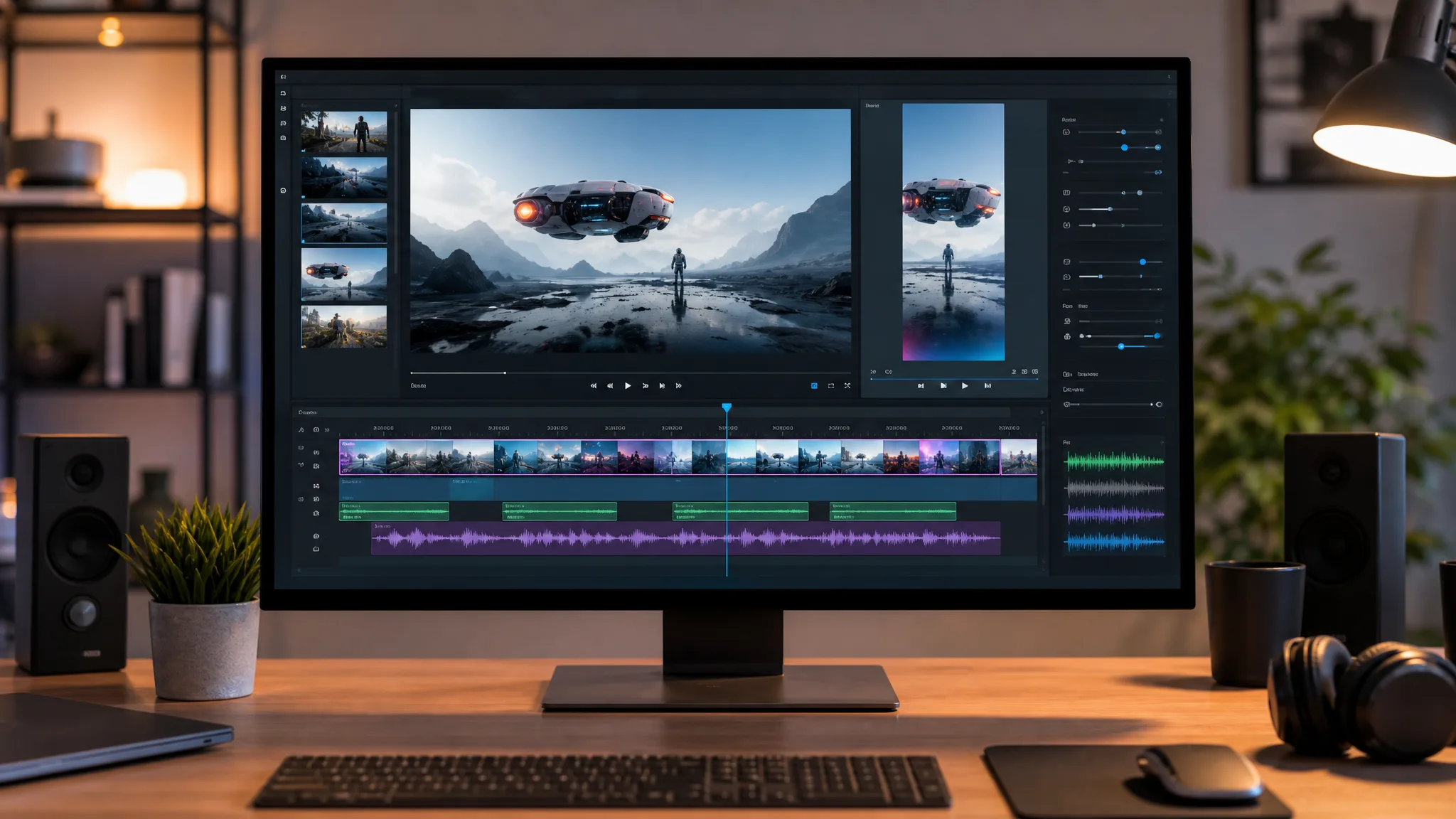 AI video editing workflow with upscaled footage and sound effect layers