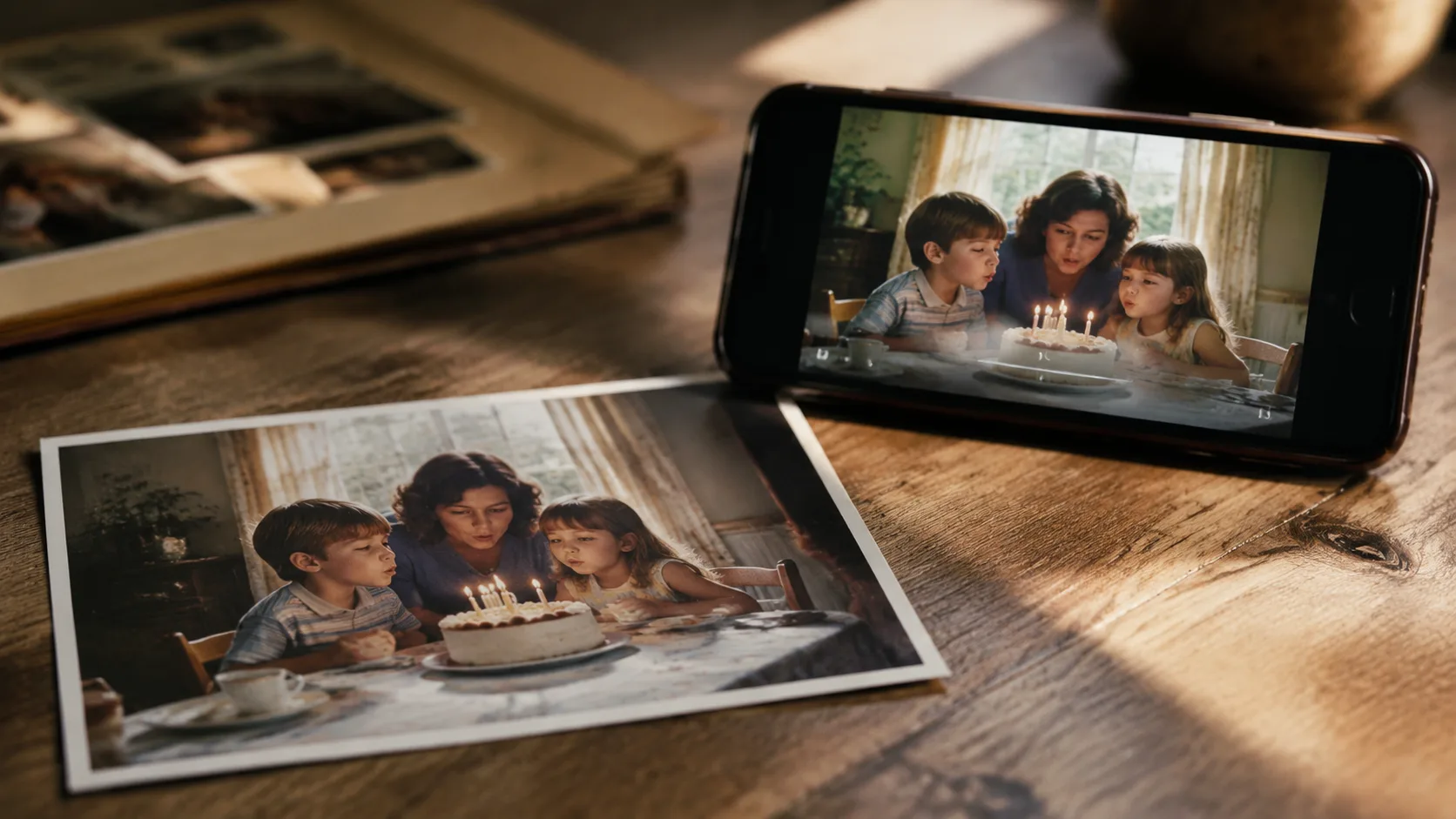 An old printed family photo beside a phone playing the same scene as a video