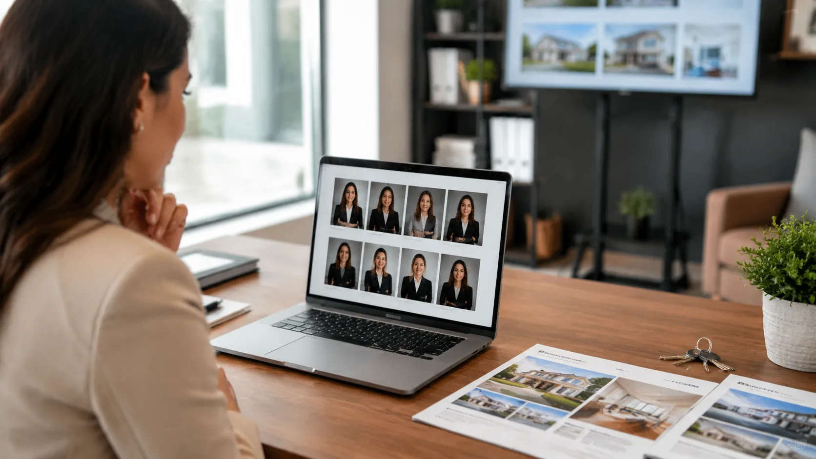 Realtor reviewing professional headshot options in a real estate office