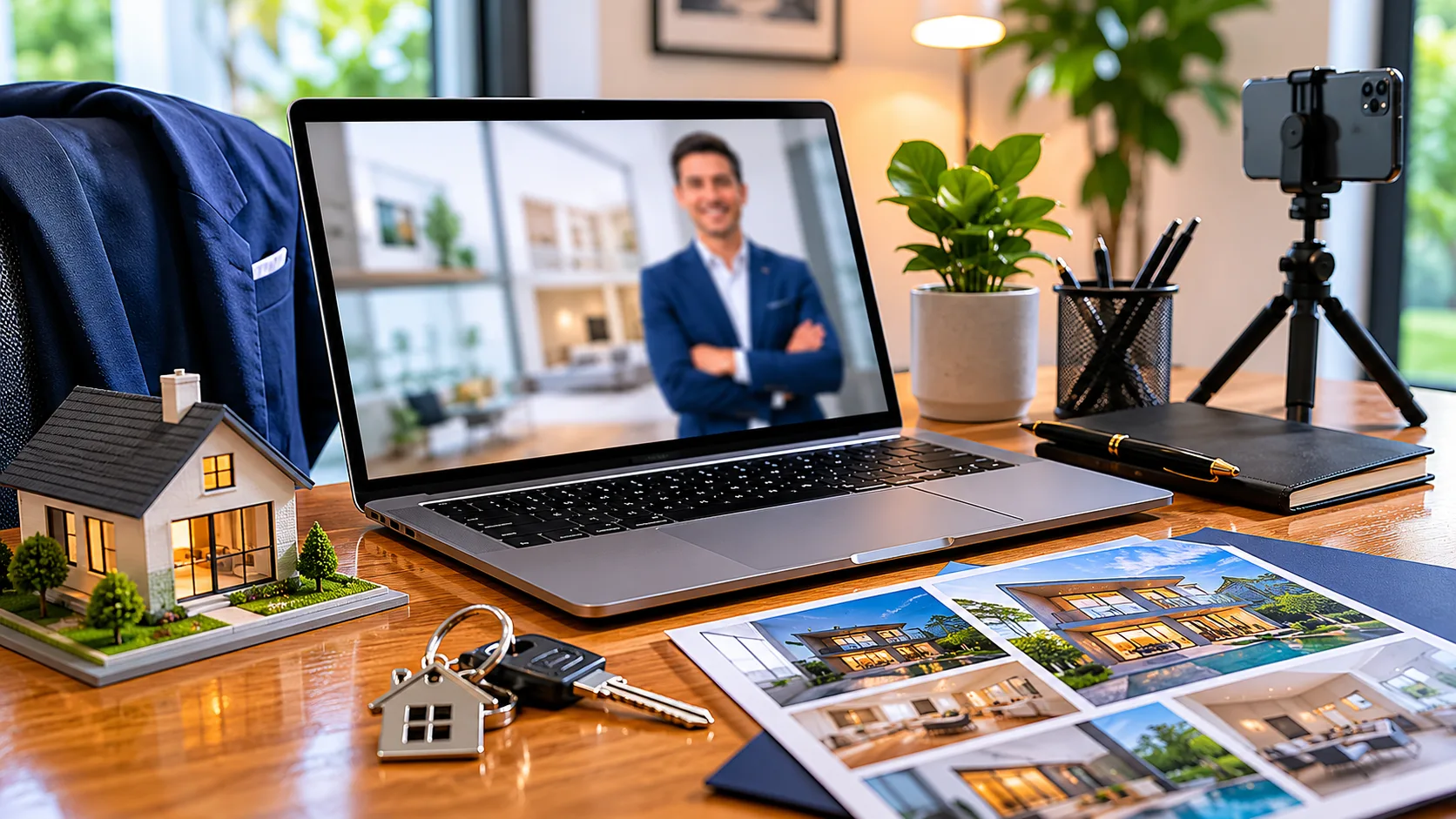 Real estate marketing desk with laptop, phone tripod, keys, and headshot preview