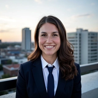 Navy Pantsuit with Rooftop Dusk